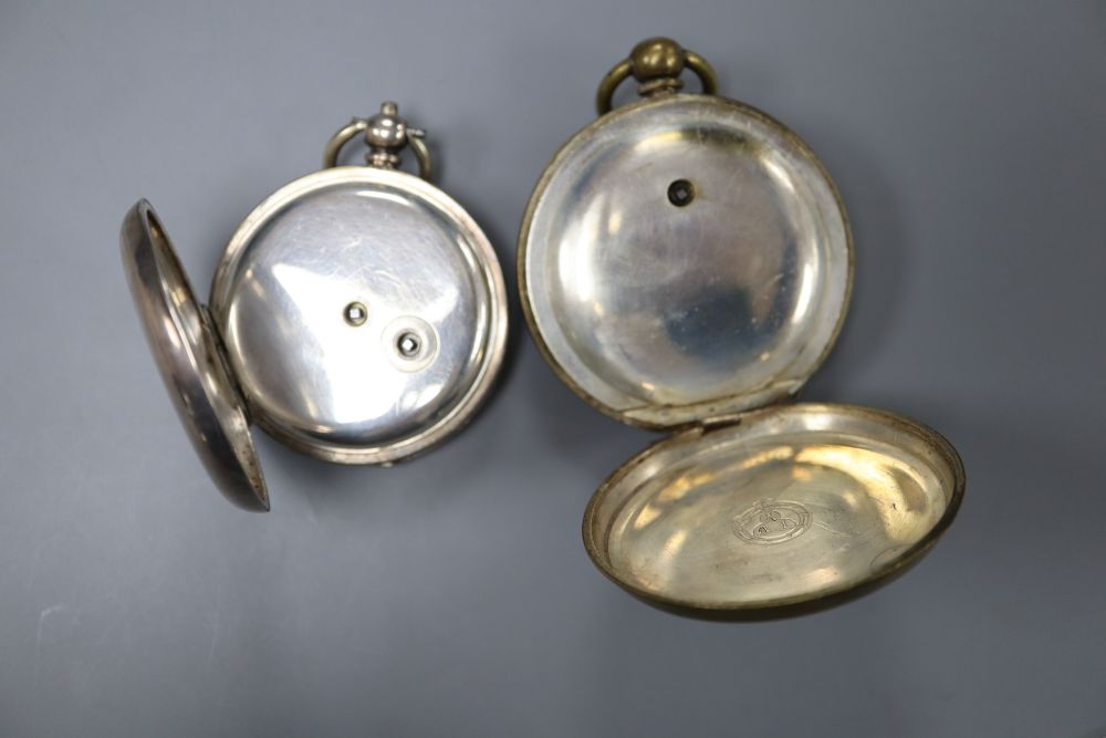 A brass Railway Timekeeper pocket watch, a 935 pocket watch and a silver ingot pendant.